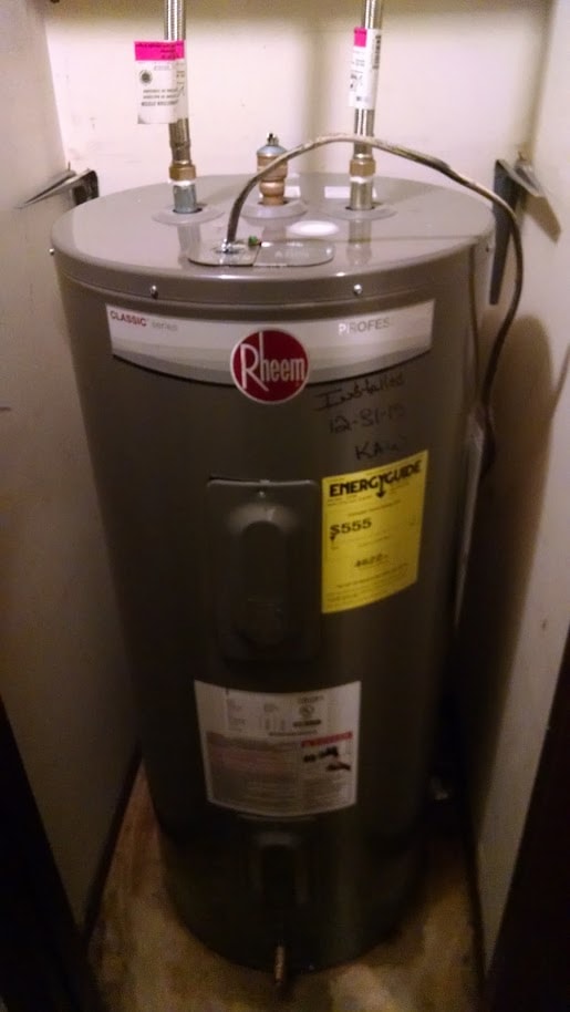 White Oak hot water tank — new Rheem unit installed